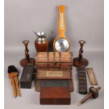 A box of woodenwares to include portable writing slope, metal bound jewellery casket, barometer etc.