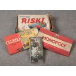 A box of Board games, Waddington's Monopoly, Risk, Cluedo, to include Invicta Super Master Mind.