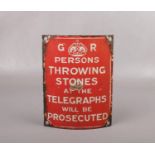 A George V enameled concave telegraph pole warning sign. 'Persons throwing stones at the