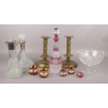 A mixed group, to include a pair of reproduction brass candlesticks, ruby flash decanter etc.