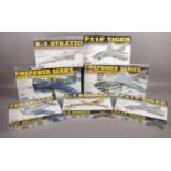 Seven boxed Lindberg model military war planes to include F11F Tiger, F6F Hellcat etc.