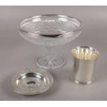 Three pieces of Asprey silver, to include circular dish, beaker and cut glass pedestal bowl.