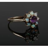 A 9ct gold opal and amethyst cluster ring, Size M 1/2. (1.66g).