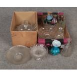 Two boxes of glasswares, cut crystal and coloured examples to include punch bowl set