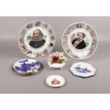 A collection of Royal Doulton ceramics, Dickens T.C. 1042 plate, Shakespheare T.C. 1041 plate, pin