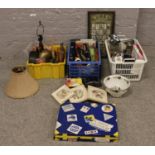 Three boxes of miscellaneous to include football collectors cards, table lamp, small wall mirrors
