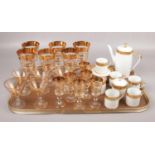 A tray of decorative drinking vessels along with a Bond porcelain part coffee set.