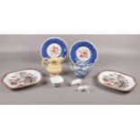 A collection of ceramic's, Brameld Jug, Derby Lion & Pig figures, Blue & White Teapot etc