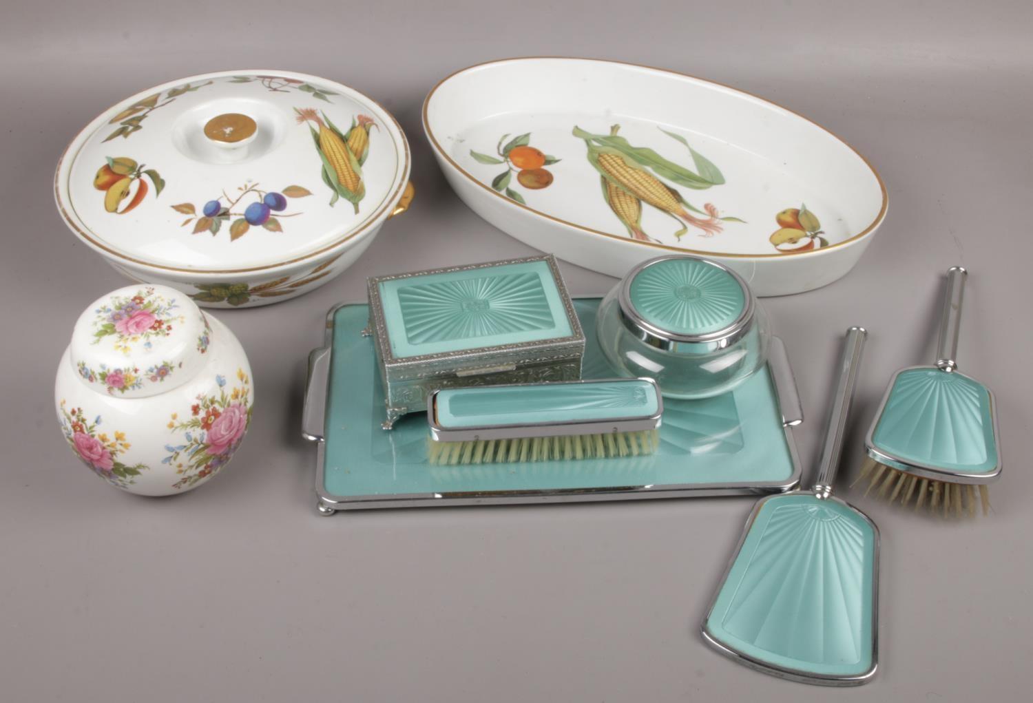 A mixed group lot to include chrome dressing table set, Royal Worchester Evesham pattern, etc.