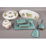A mixed group lot to include chrome dressing table set, Royal Worchester Evesham pattern, etc.