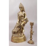 A gilt bronze figure of a goddess (31cm tall) along with a gilt bronze figural candlestick.