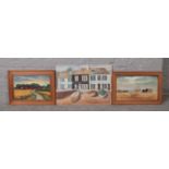 Three Joyce Spur oil on board paintings, including house and boat scene.