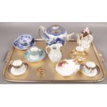 A tray lot of ceramics to include Royal Crown Derby chocolate pot, Chinese export blue & white