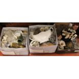 Three boxes of miscellaneous to include glass lamp shade, Sadler, novelty teapots, commemorative