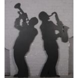 Two large wooden cut outs, silhouettes of jazz players. (Tallest 207cm).