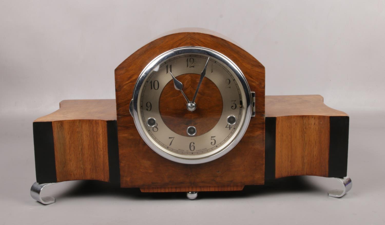 An Art Deco walnut cased Norland Clock Company Westminster chime mantel clock. No key.