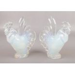 A pair of Sabino opalescent glass figures of cockerels. (Height 19cm). Both chipped.