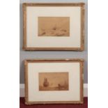 A pair of 19th century gilt framed sepia tone watercolours. Seascapes with sailing boats, 12.5cm x