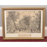 An early 19th century French engraving in gilt frame. Titled Fete du Roi celebree au Mail 1832.