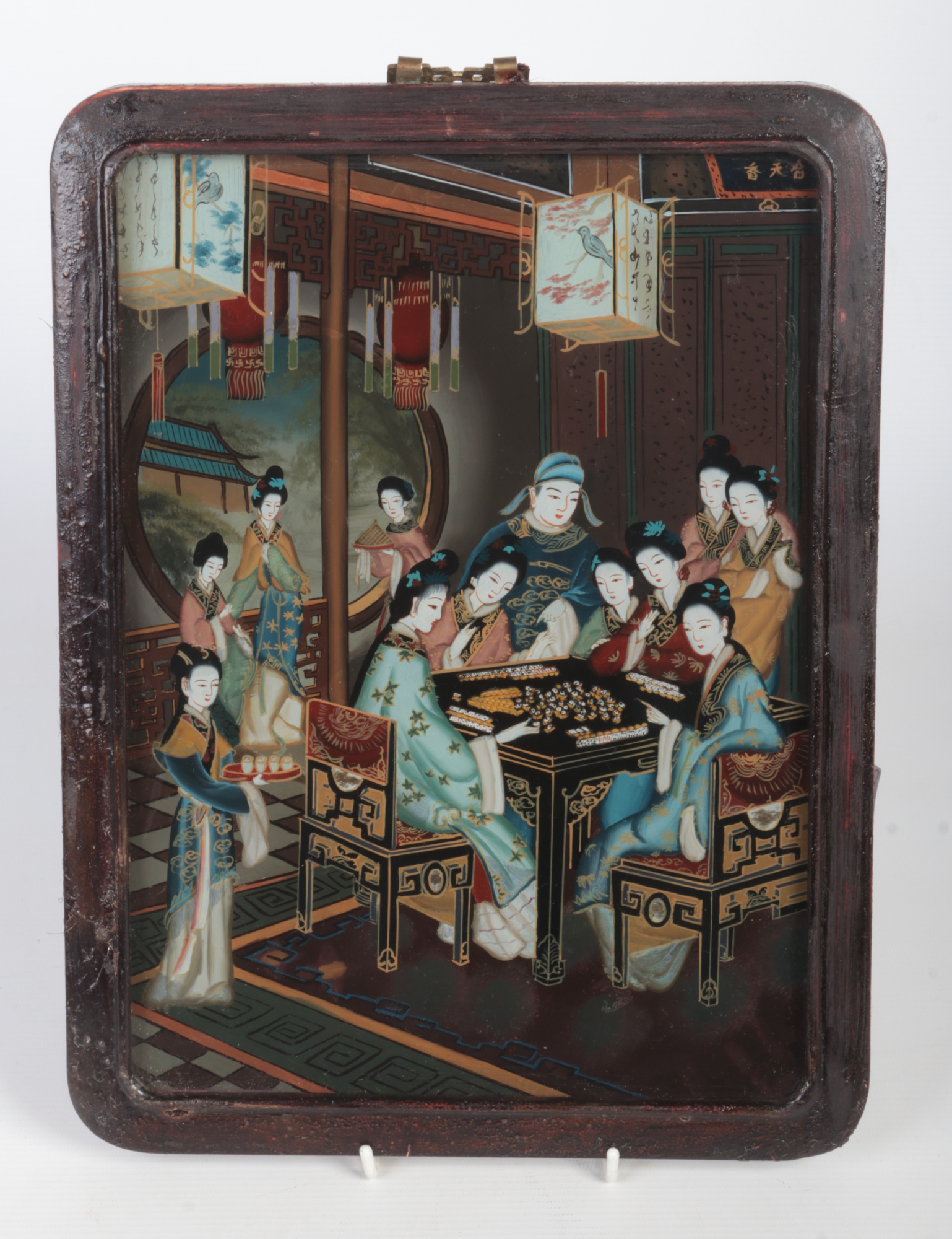 Two Chinese reverse paintings on glass in wooden frames. One with an interior scene and figures - Image 4 of 4