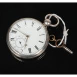 A Victorian silver fusee pocket watch and key. With enamel dial and subsidiary seconds. Assayed