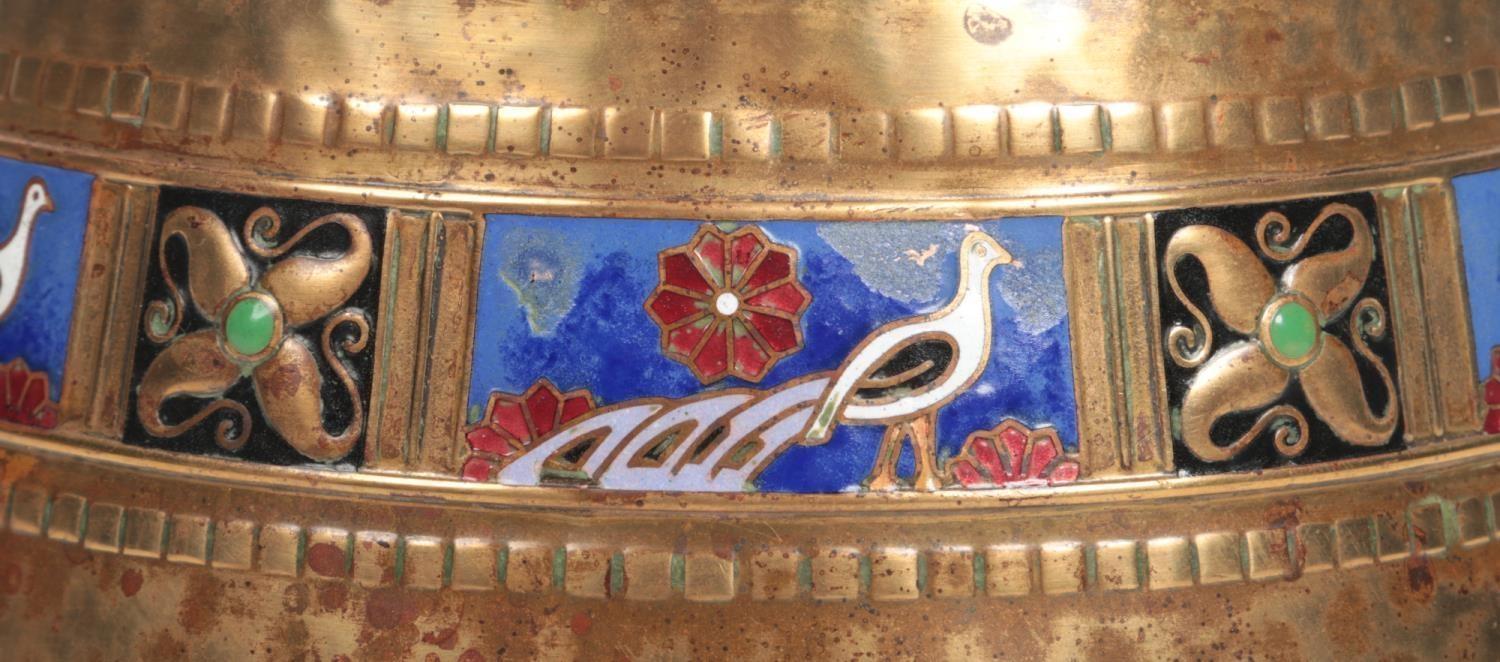 A WMF small planished brass planter. With an enamelled band depicting peacocks interspersed with - Image 3 of 6