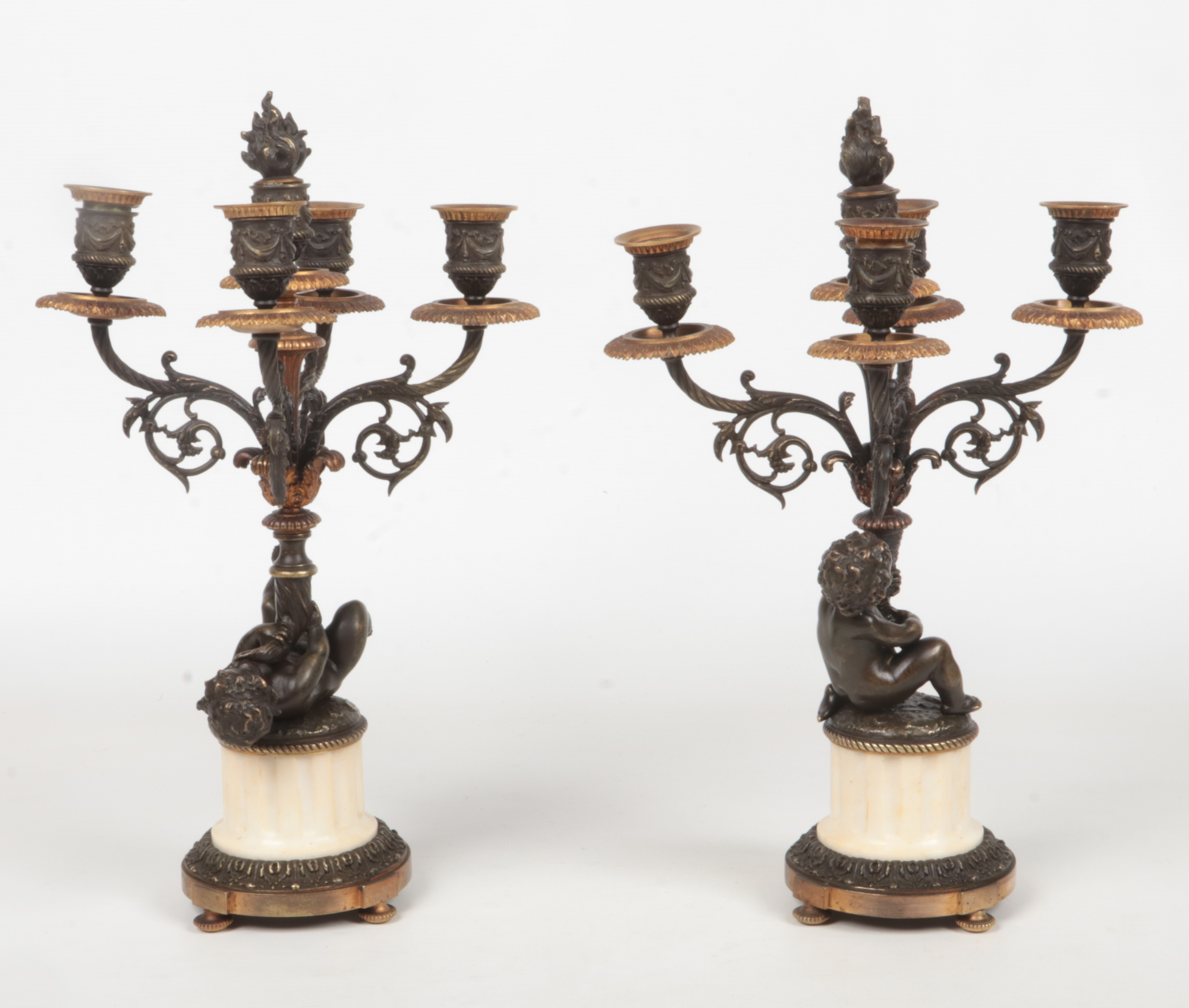 A pair of 19th century French parcel gilt bronze and marble five branch candelabra raised on flatted - Image 3 of 11