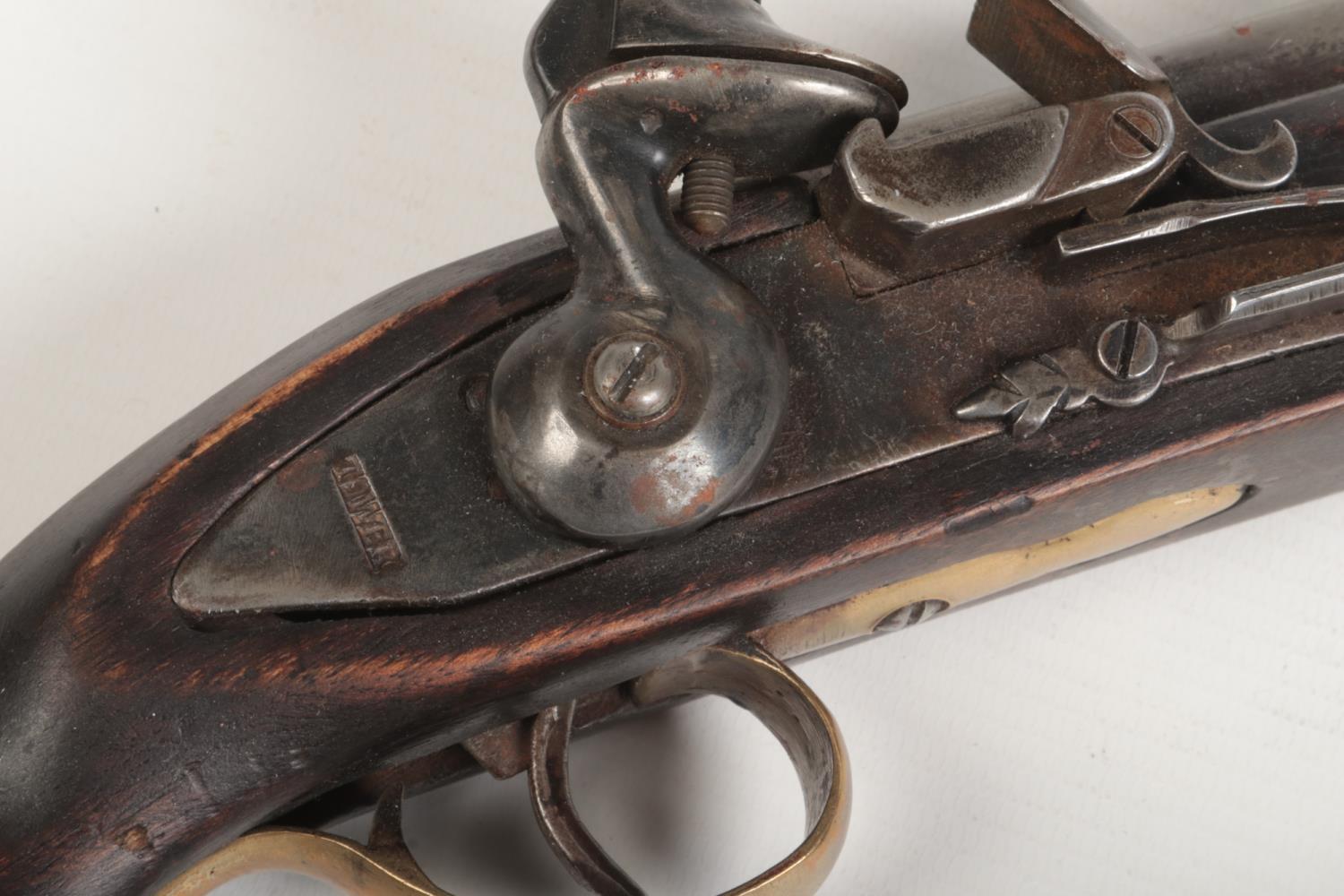 A Tower pattern flintlock pistol with walnut fullstock, brass mounts and swivel ramrod. Lockplate - Image 5 of 7