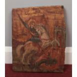 A Russian icon depicting St George and the Dragon, 30.5 x 25.5cm.