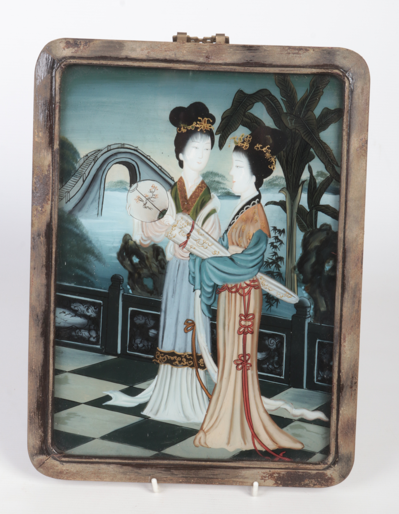 Two Chinese reverse paintings on glass in wooden frames. One with an interior scene and figures - Image 2 of 4
