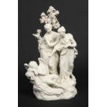A Derby biscuit figure group. The awakening of Cupid. Depicting Cupid sleeping resting upon his