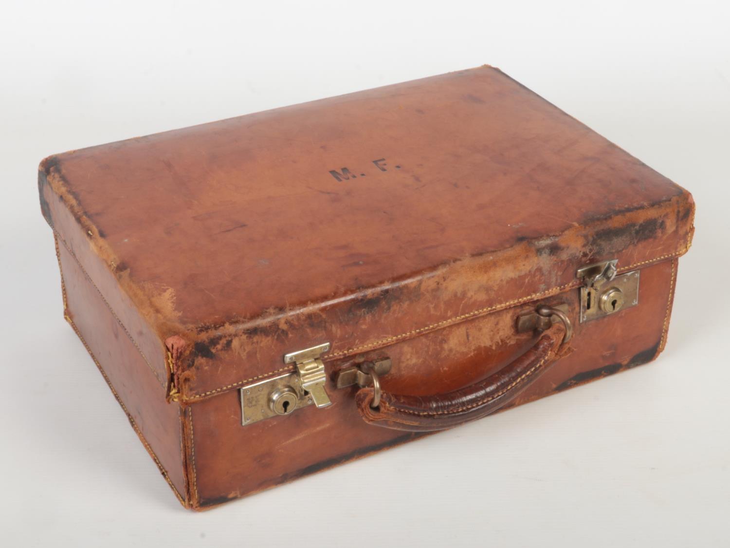 A vintage tan leather fitted vanity case monogramed M. F. along with a quantity of sport / hunting - Image 2 of 3