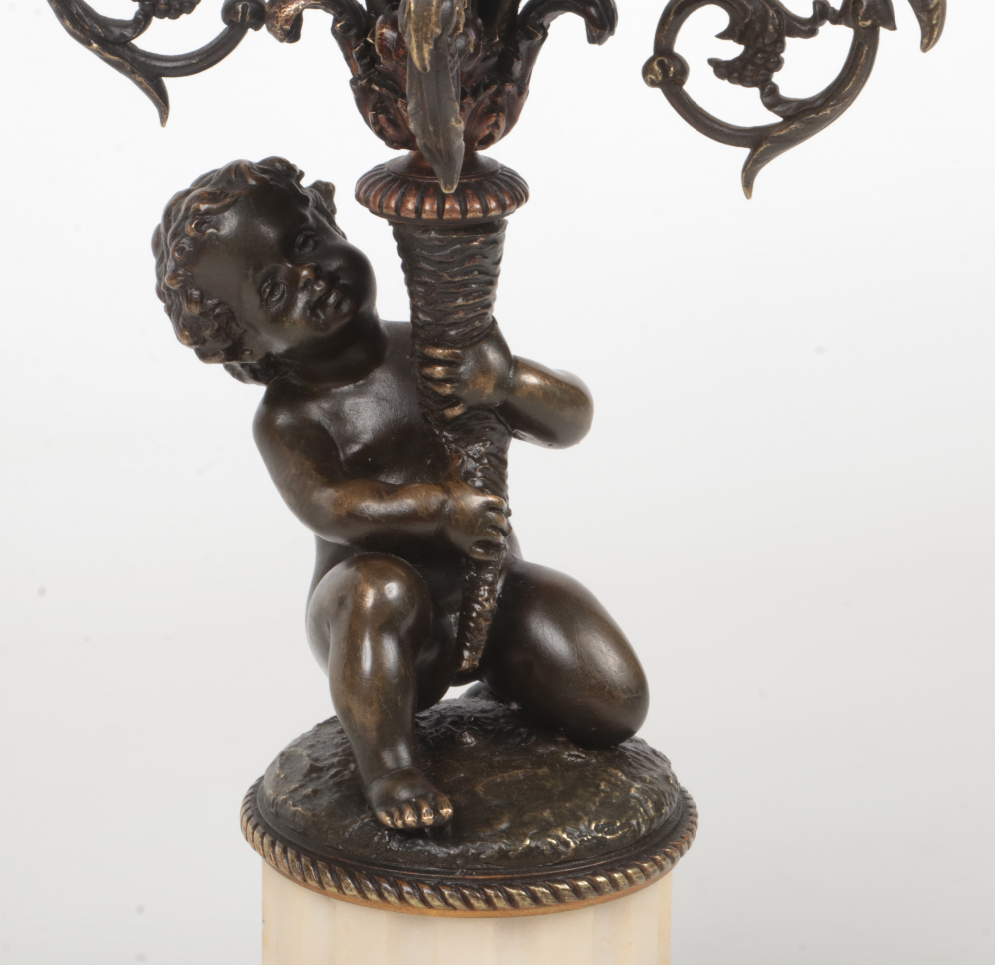 A pair of 19th century French parcel gilt bronze and marble five branch candelabra raised on flatted - Image 7 of 11