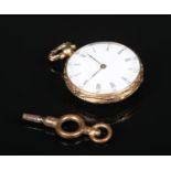 A 19th century French 18 carat gold fob watch. With emerald green guilloche enamel caseback set with
