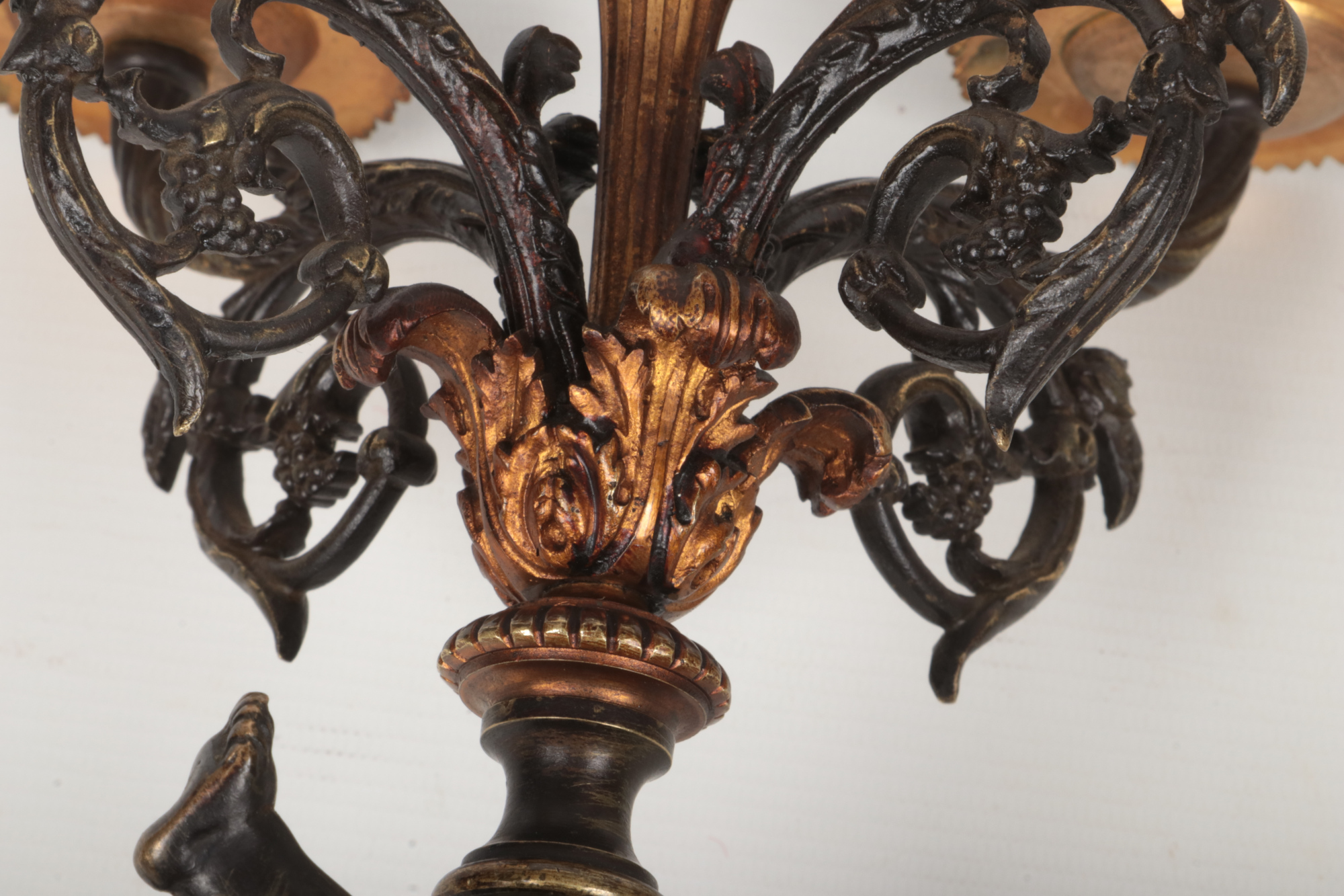 A pair of 19th century French parcel gilt bronze and marble five branch candelabra raised on flatted - Image 11 of 11