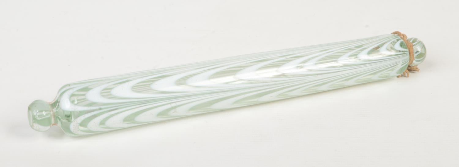 A Victorian Nailsea glass rolling pin with opaque white striped decoration, 34.5cm. Some light