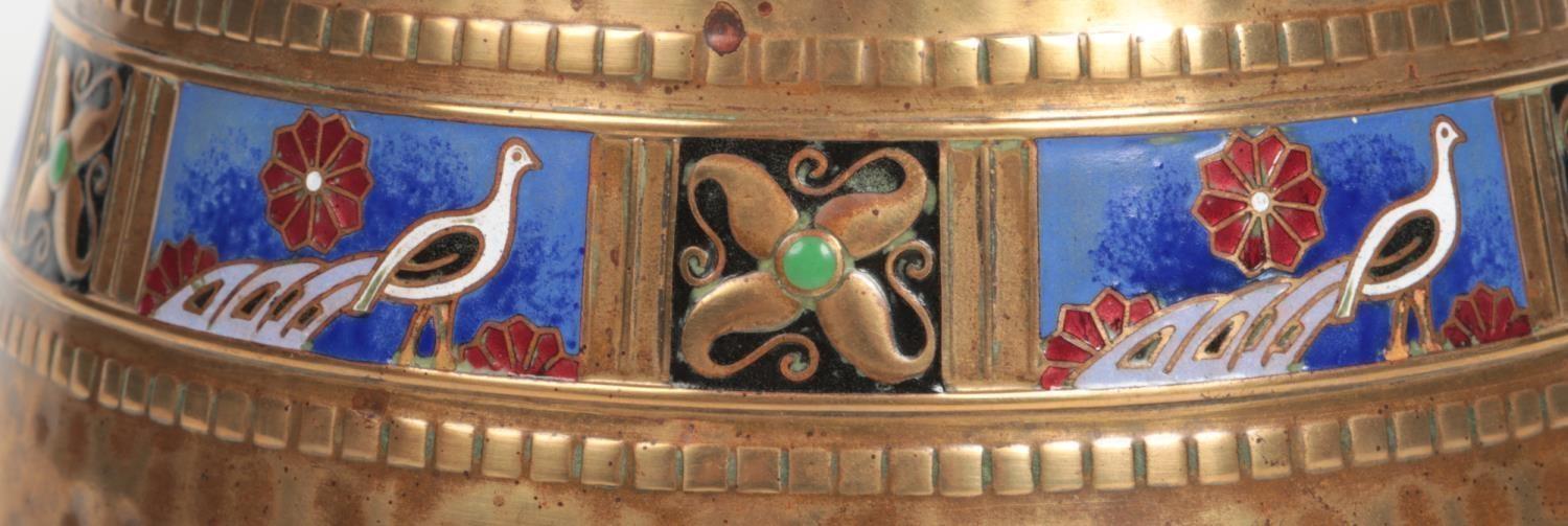 A WMF small planished brass planter. With an enamelled band depicting peacocks interspersed with - Image 6 of 6