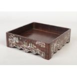 A 19th century Chinese hardwood galleried scholars tray of square form. Finely inlaid with mother of