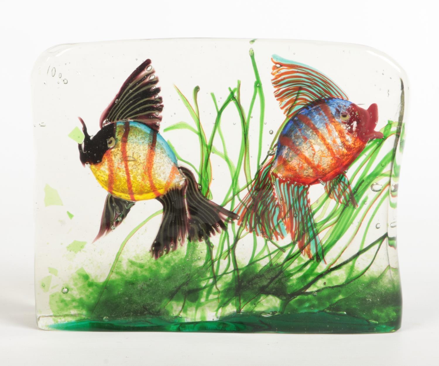 A vintage Murano glass aquarium block. Encasing a pair of colourful angel fish amidst aquatic weeds,