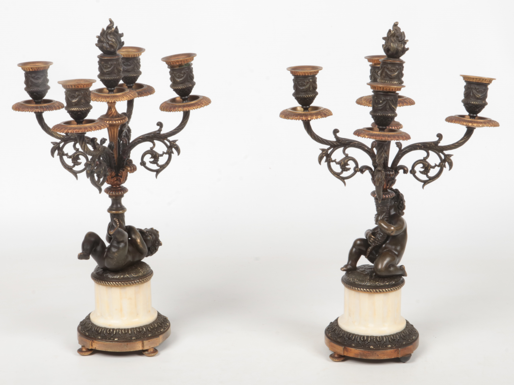 A pair of 19th century French parcel gilt bronze and marble five branch candelabra raised on flatted - Image 5 of 11