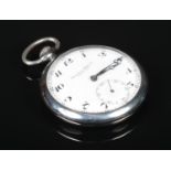 An IWC chrome open faced pocket watch. With enamel dial having Arabic numeral markers, subsidiary