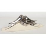 An Art Deco silvered pottery group of three swallows. Signed Lejan, 47.5cm.