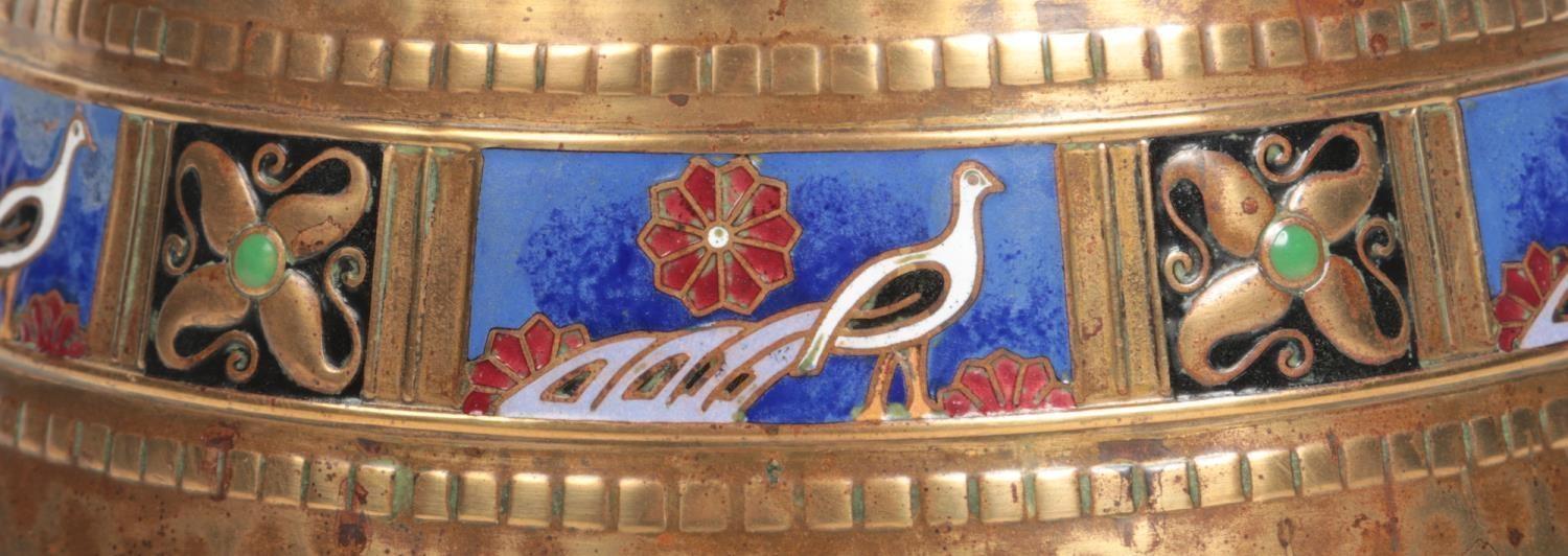 A WMF small planished brass planter. With an enamelled band depicting peacocks interspersed with - Image 4 of 6