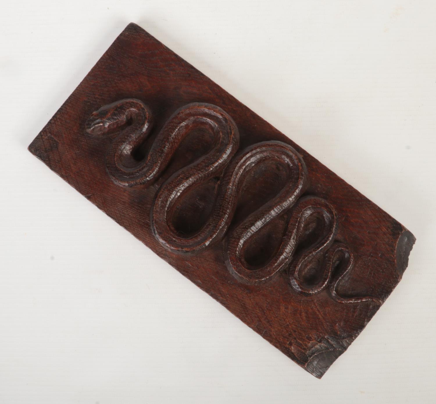 An antique carved oak rectangular plaque decorated with a coiled snake. Probably a panel formerly