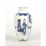 A Worcester baluster shaped vase. Painted in underglaze blue with Chinese figures between lambrequin