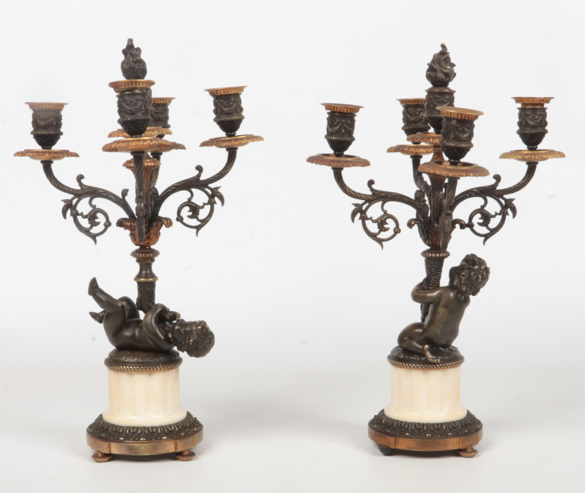 A pair of 19th century French parcel gilt bronze and marble five branch candelabra raised on flatted - Image 2 of 11