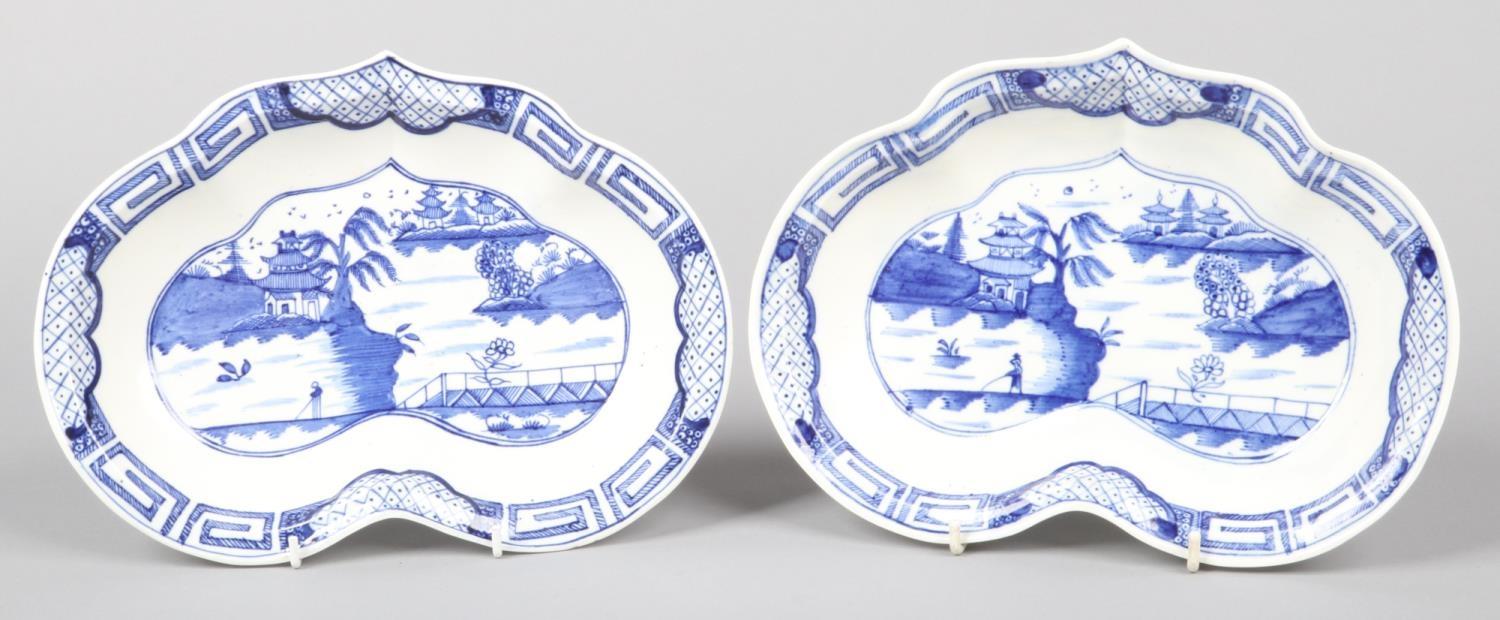 A pair of Caughley heart shaped dessert dishes. Painted in underglaze blue with the Weir pattern