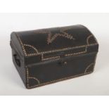 A 19th century French leather clad dome topped casket. Decorated with brass studwork and having iron