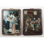 Two Chinese reverse paintings on glass in wooden frames. One with an interior scene and figures