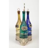 An early 20th century silver plated trefoil decanter stand. Along with three coloured glass